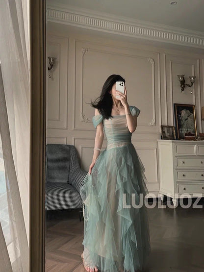LUOLUOZ 【Dreamy Galaxy】Mesh Off-Shoulder Dress for Women, Ethereal Style, Slim Waist, Irregular Hem Long Skirt