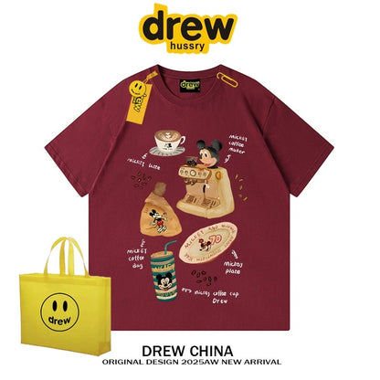 drew American trendy retro Mickey Mouse cartoon short-sleeved T-shirt for men and women summer casual loose couple half-sleeved tee