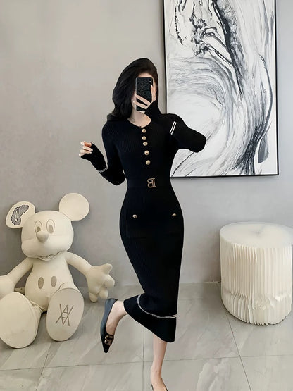 High-end small fragrant style black knitted long skirt for women 2024 autumn and winter new style elegant lady slim fit hip-hugging dress