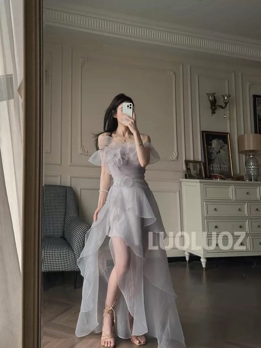 LUOLUOZ【Soft Mist Dreamy】French High-End Gentle Off-Shoulder Fairy Vacation Long Dress