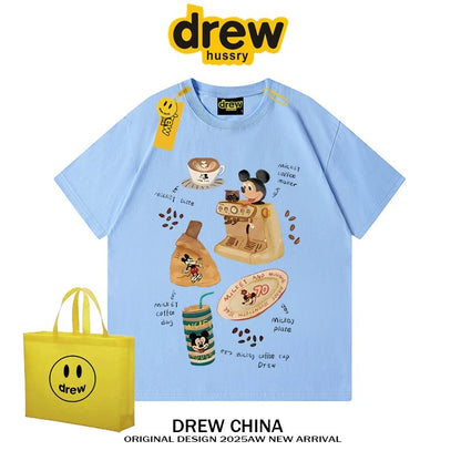 drew American trendy retro Mickey Mouse cartoon short-sleeved T-shirt for men and women summer casual loose couple half-sleeved tee