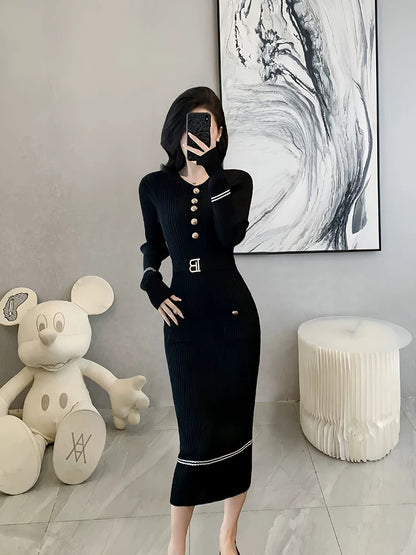 High-end small fragrant style black knitted long skirt for women 2024 autumn and winter new style elegant lady slim fit hip-hugging dress