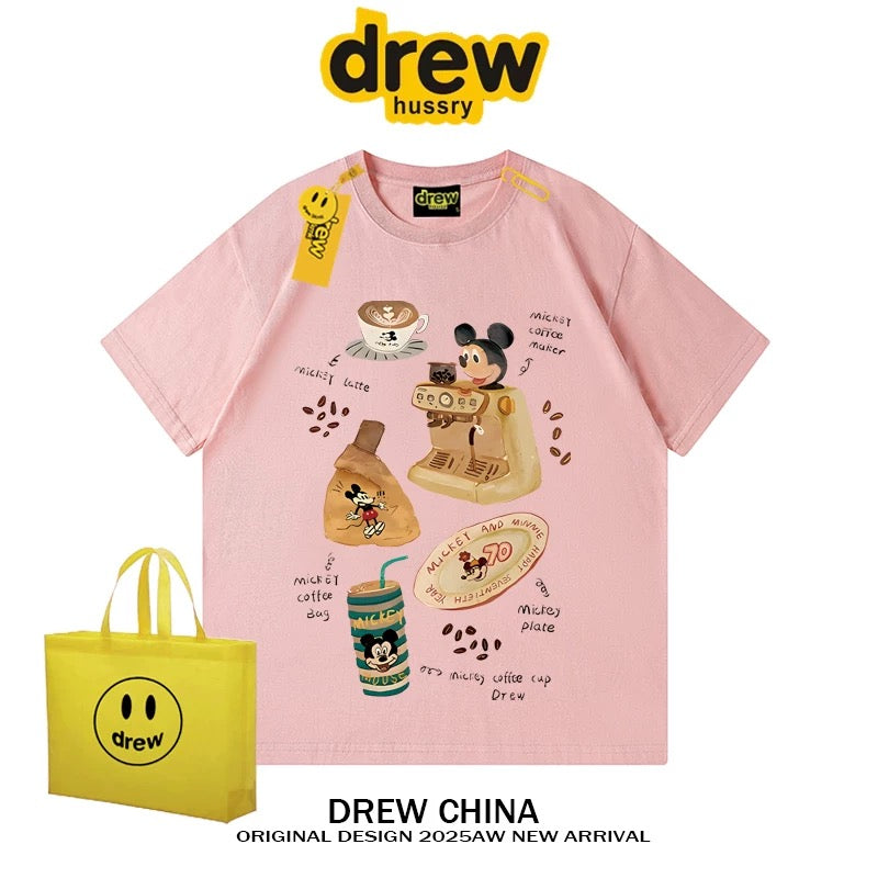 drew American trendy retro Mickey Mouse cartoon short-sleeved T-shirt for men and women summer casual loose couple half-sleeved tee