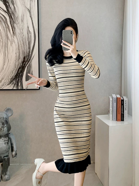French socialite striped knitted dress for women 2024 autumn and winter new temperament slim mid-length hip-hugging fishtail skirt