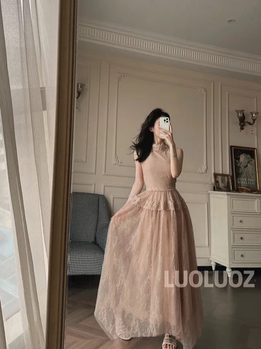 LUOLUOZ [Seeing Flowers in the Mist] French Pure and Alluring Style Slimming Waist-cinching Elegant Fairy-like Halter Neck Mesh Dress