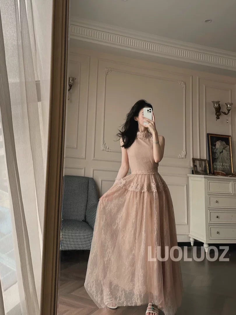 LUOLUOZ [Seeing Flowers in the Mist] French Pure and Alluring Style Slimming Waist-cinching Elegant Fairy-like Halter Neck Mesh Dress