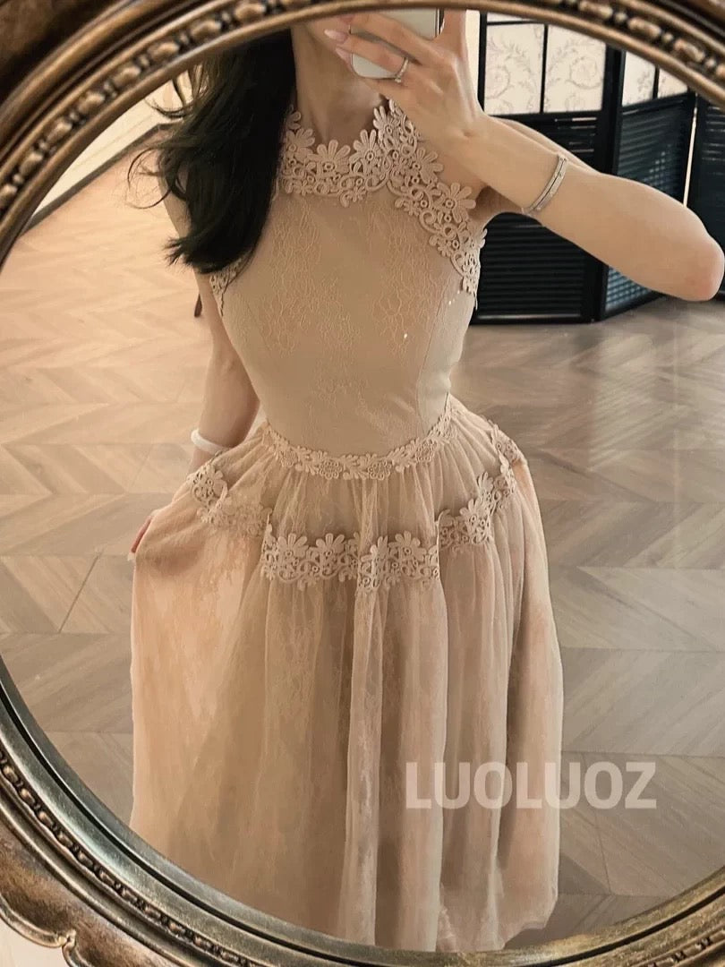 LUOLUOZ [Seeing Flowers in the Mist] French Pure and Alluring Style Slimming Waist-cinching Elegant Fairy-like Halter Neck Mesh Dress