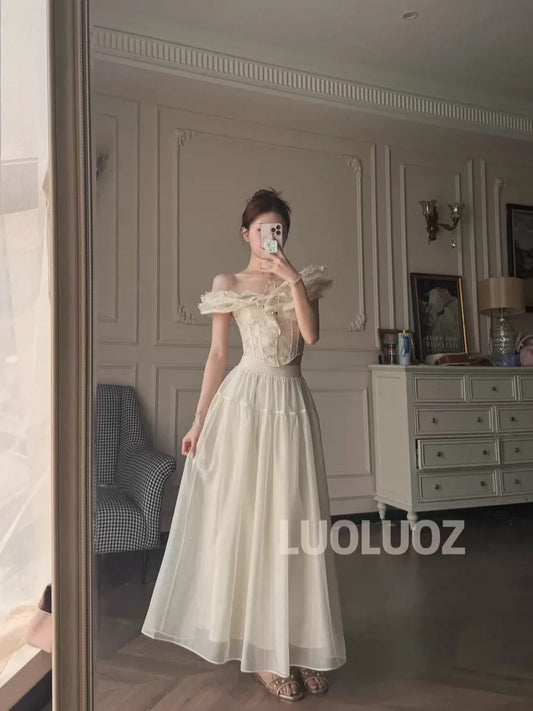 LUOLUOZ [Château Relic] Exquisite French High-End Style Two-Piece Set: Top + Long Skirt