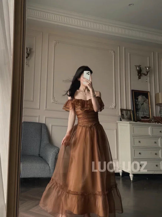 LUOLUOZ 【Moonfall and Starry River】Retro Court Style Waist-cinching Off-the-Shoulder Puff Sleeve Full Skirt Mesh Dress