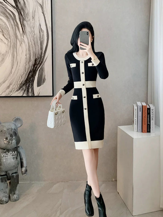 French retro small fragrant knitted dress for women autumn and winter 2024 new fashion temperament slim inner hip skirt