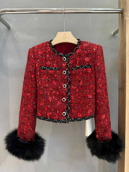 Niche designer French retro Christmas and New Year red woven splicing small fragrant down-filled short jacket
