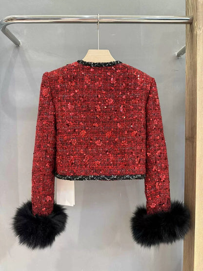 Niche designer French retro Christmas and New Year red woven splicing small fragrant down-filled short jacket
