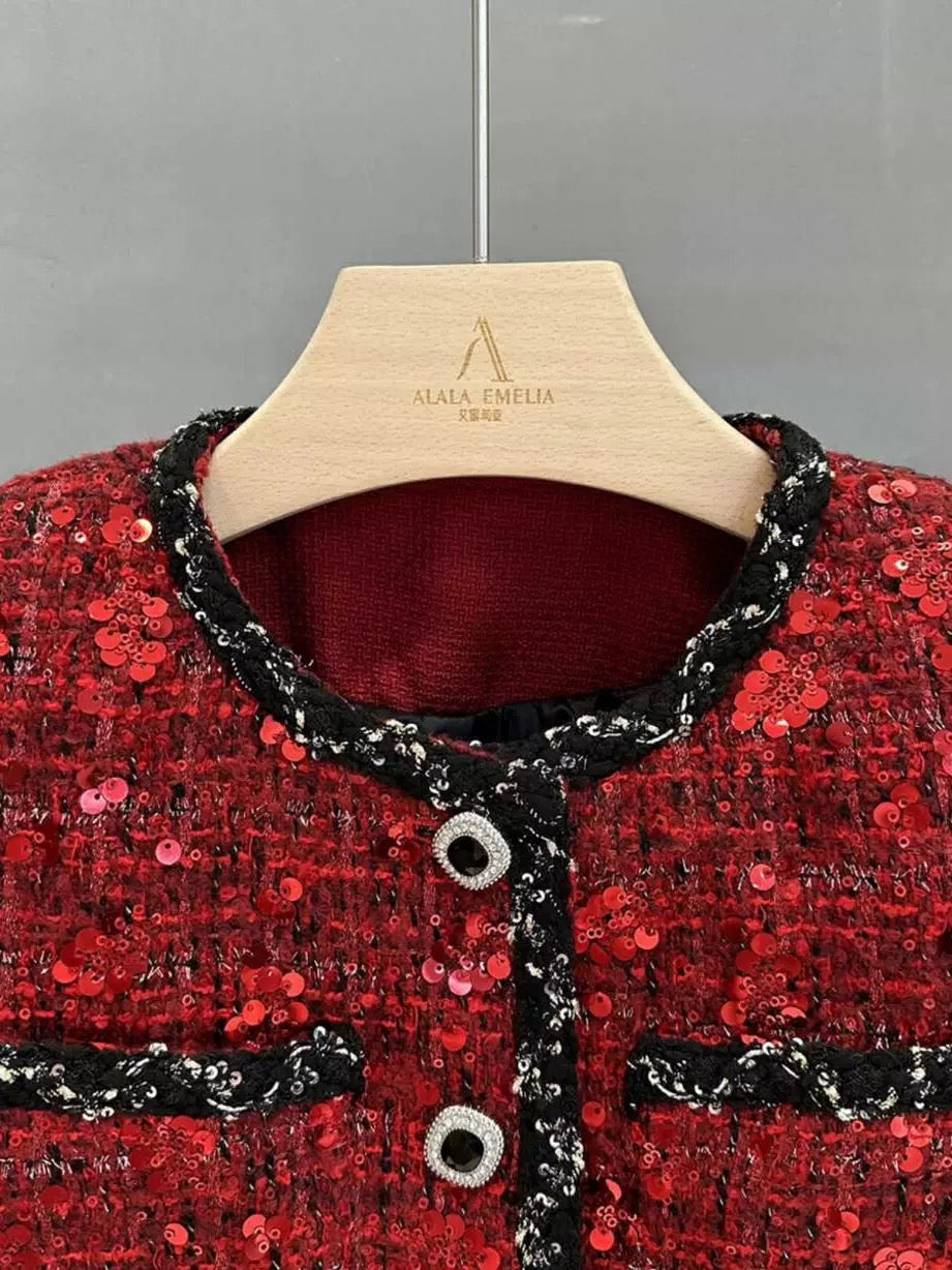 Niche designer French retro Christmas and New Year red woven splicing small fragrant down-filled short jacket