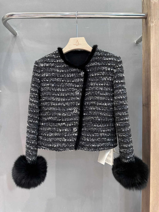 Niche French retro round neck rabbit fur edge asymmetric design small fragrant fox fur black short coat