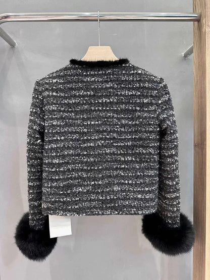 Niche French retro round neck rabbit fur edge asymmetric design small fragrant fox fur black short coat