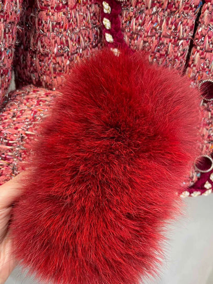 Niche haute couture small fragrance style Christmas red woven fox fur quilted short jacket with a western style New Year's top