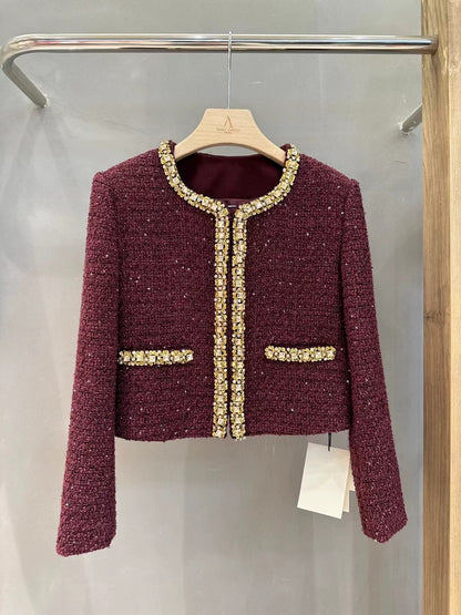 Korean drama heroine's atmosphere autumn and winter women's maroon red gold trim coat halterneck dress suit