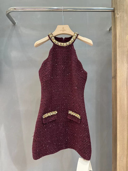 Korean drama heroine's atmosphere autumn and winter women's maroon red gold trim coat halterneck dress suit