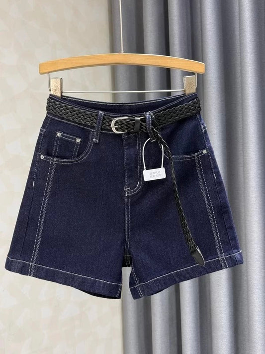 Women's new summer style dark blue retro denim shorts, stretchy, loose, high-waisted, slimming A-line bodycon hot pants, Instagram style.