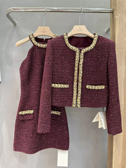 Korean drama heroine's atmosphere autumn and winter women's maroon red gold trim coat halterneck dress suit