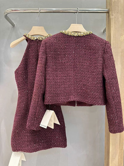 Korean drama heroine's atmosphere autumn and winter women's maroon red gold trim coat halterneck dress suit