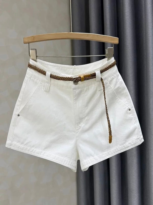 Korean style white high-waisted casual shorts for women, new summer style, washed, loose, versatile, simple wide-leg hot pants, Instagram style.