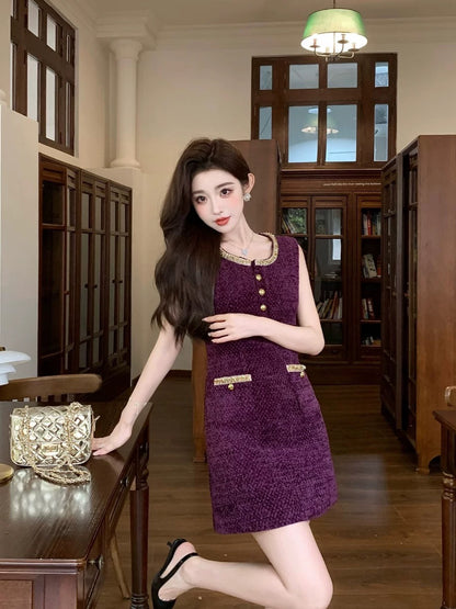 Purple little fragrant autumn and winter vest dress, high-end designer exquisite and noble rich girl's slub nylon dress