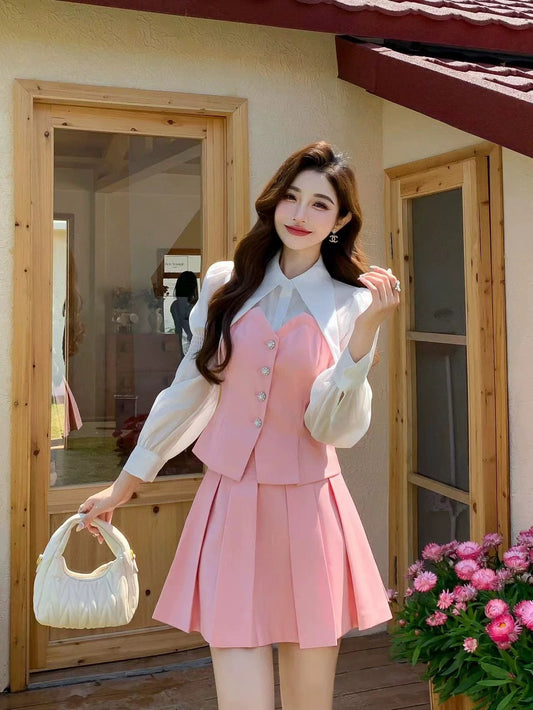 Nanyou European Products 24 Autumn Western Style Small Pointed Collar Puff Sleeves Fashionable Pink Spliced Top Pleated Skirt Suit