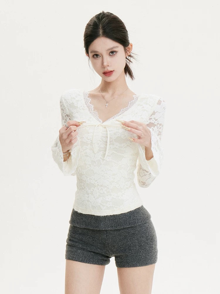 cchun Junko [Sweetness Factor] Autumn and winter retro lace inner bottoming top