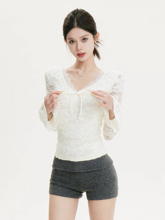 cchun Junko [Sweetness Factor] Autumn and winter retro lace inner bottoming top