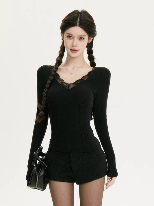 cchun Junko Design lace slimming bottoming back lace v-neck bottoming for autumn and winter