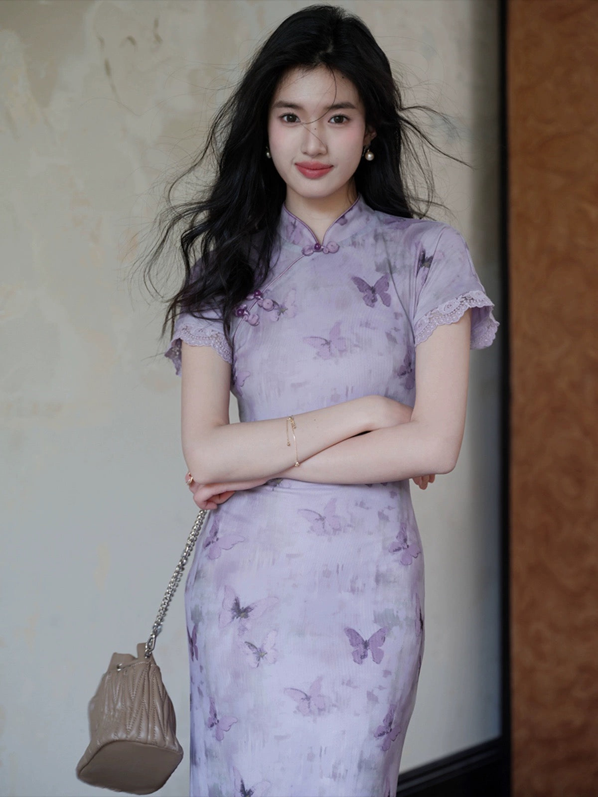 Spot TYANG Eryang [Chi Menngling] Chinese style new Chinese style retro improved purple butterfly cheongsam dress