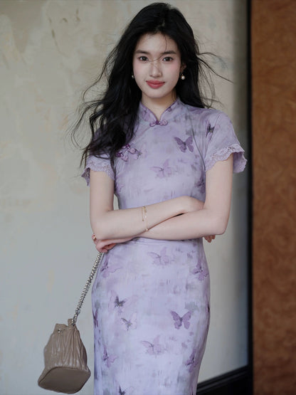 Spot TYANG Eryang [Chi Menngling] Chinese style new Chinese style retro improved purple butterfly cheongsam dress