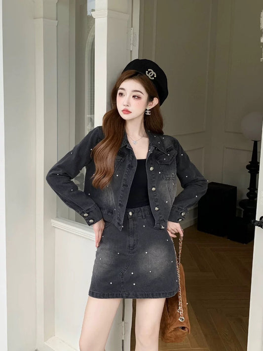 Nanyou European goods, light luxury design, small fragrance, heavy industry studded top, retro A-line skirt, casual denim suit