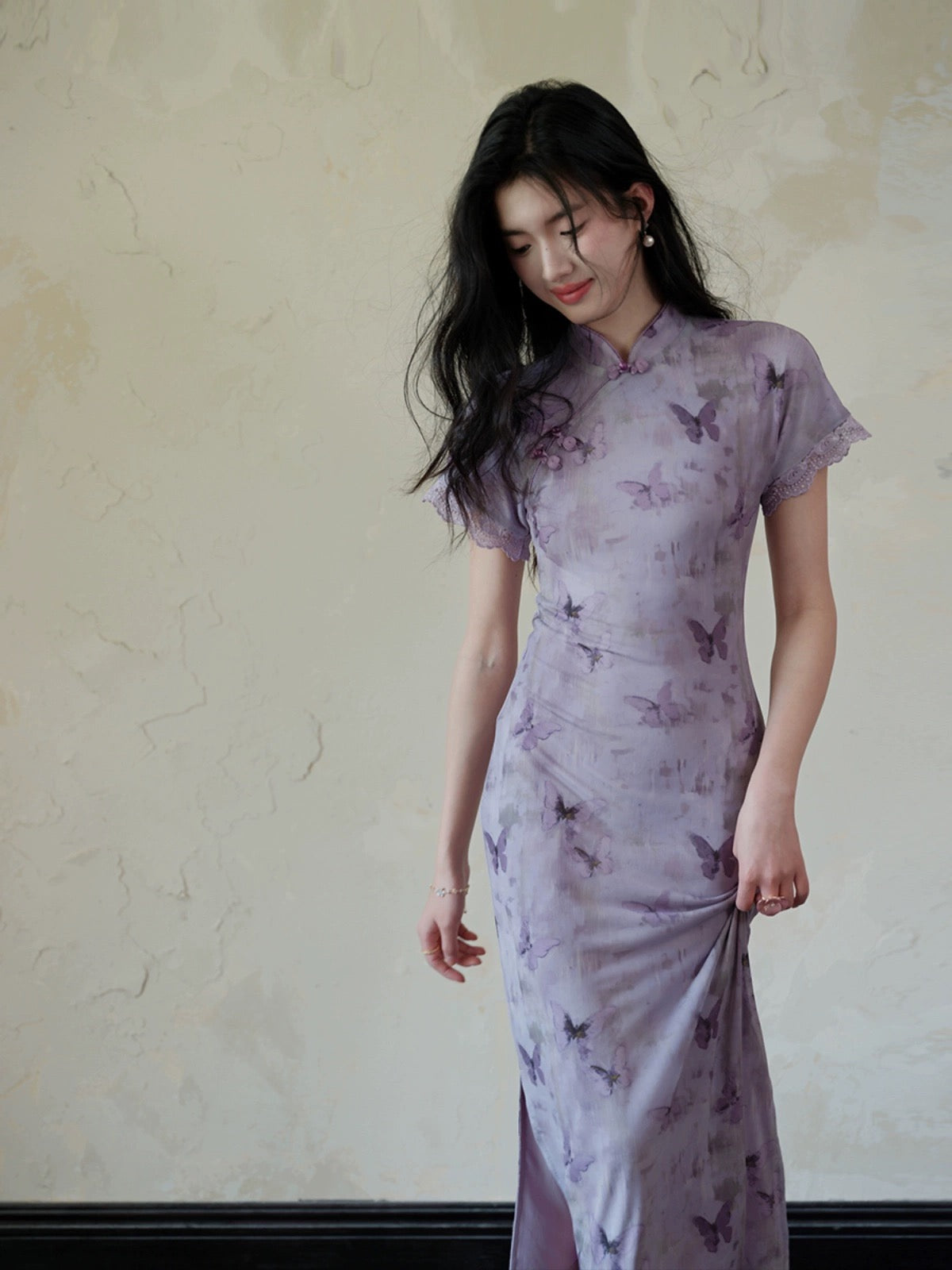 Spot TYANG Eryang [Chi Menngling] Chinese style new Chinese style retro improved purple butterfly cheongsam dress