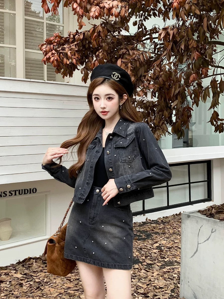 Nanyou European goods, light luxury design, small fragrance, heavy industry studded top, retro A-line skirt, casual denim suit