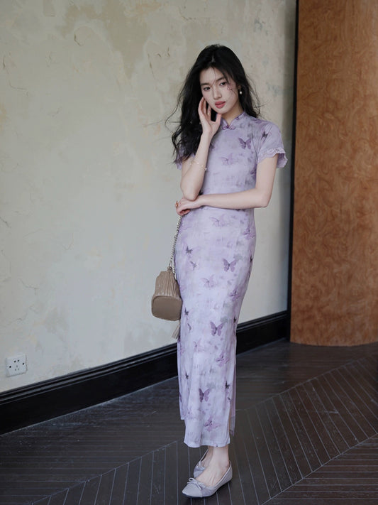 Spot TYANG Eryang [Chi Menngling] Chinese style new Chinese style retro improved purple butterfly cheongsam dress