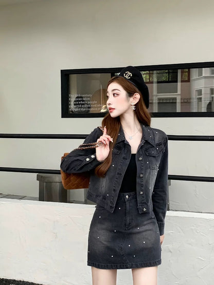Nanyou European goods, light luxury design, small fragrance, heavy industry studded top, retro A-line skirt, casual denim suit