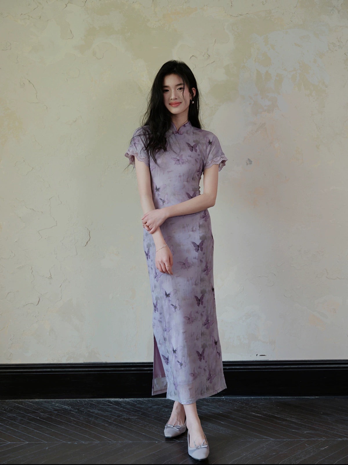 Spot TYANG Eryang [Chi Menngling] Chinese style new Chinese style retro improved purple butterfly cheongsam dress