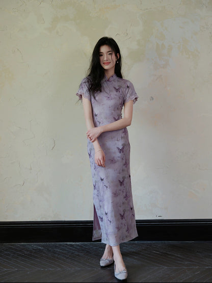 Spot TYANG Eryang [Chi Menngling] Chinese style new Chinese style retro improved purple butterfly cheongsam dress