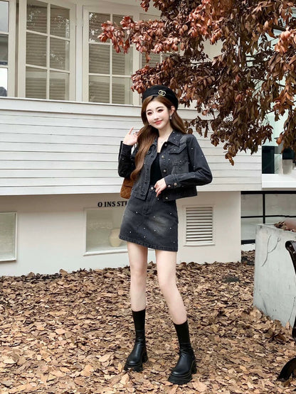 Nanyou European goods, light luxury design, small fragrance, heavy industry studded top, retro A-line skirt, casual denim suit