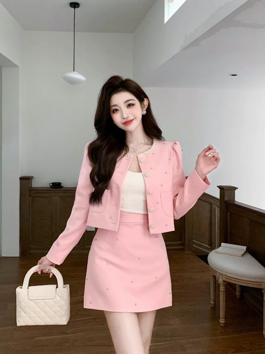 Shenzhen Xiaoxiangfeng Light Luxury Niche Designer Gentle Style Two-piece Set Heavy Industry Stud Top A-Line Skirt Set