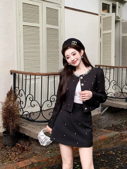 Shenzhen Xiaoxiangfeng Light Luxury Niche Designer Gentle Style Two-piece Set Heavy Industry Stud Top A-Line Skirt Set