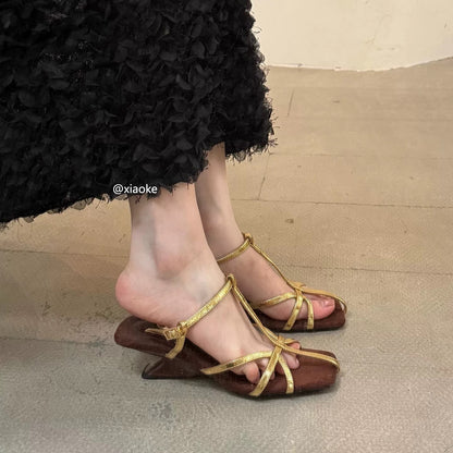 French-style square-toe open-toe niche wedge sandals with a single strap, women's 2025 summer new style, fairy-like and perfect for pairing with skirts, Roman sandals.