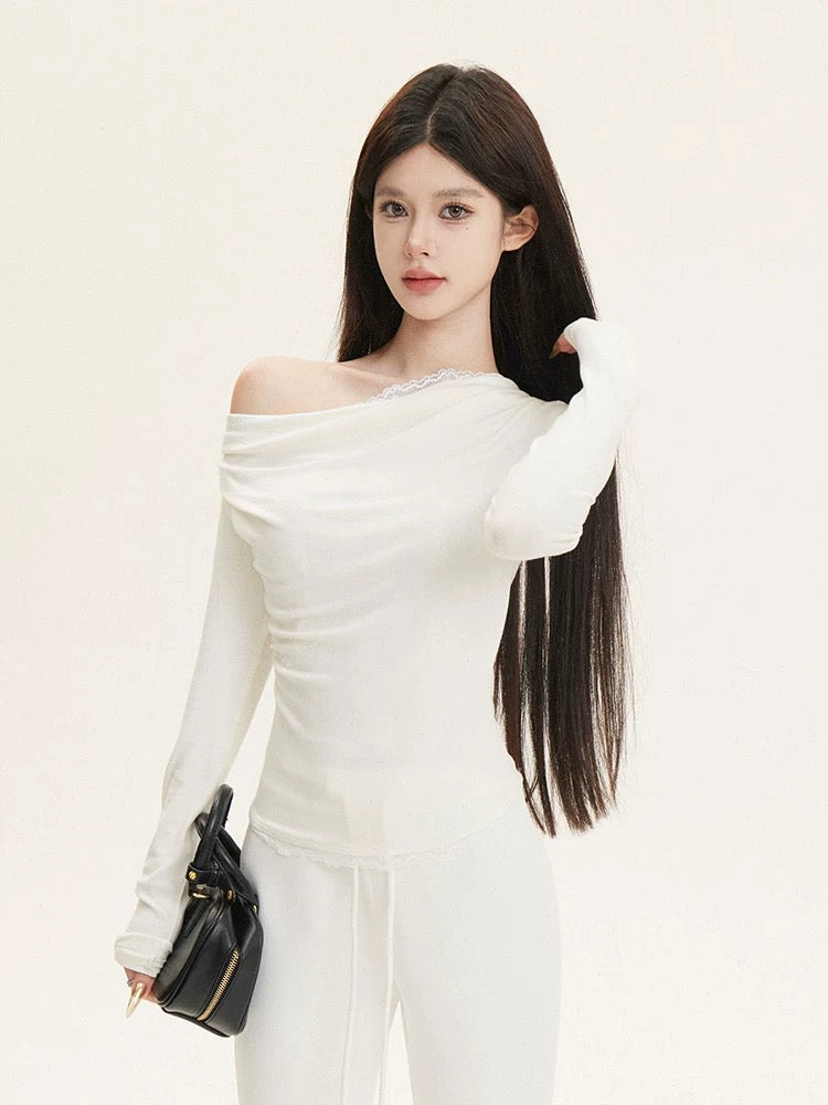 cchun Junko white lace knitted swing collar bottoming shirt fake two pieces with pure desire slim fit top
