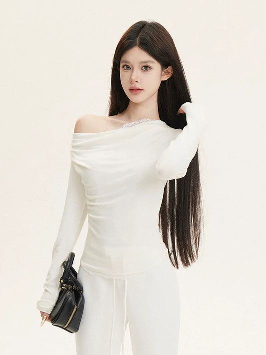 cchun Junko white lace knitted swing collar bottoming shirt fake two pieces with pure desire slim fit top