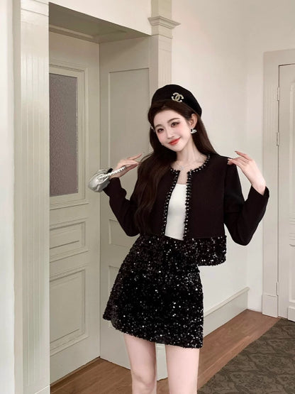 Shenzhen Nanyou European niche design light luxury studded top heavy industry sequin skirt petite suit black autumn