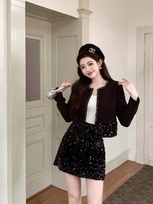 Shenzhen Nanyou European niche design light luxury studded top heavy industry sequin skirt petite suit black autumn