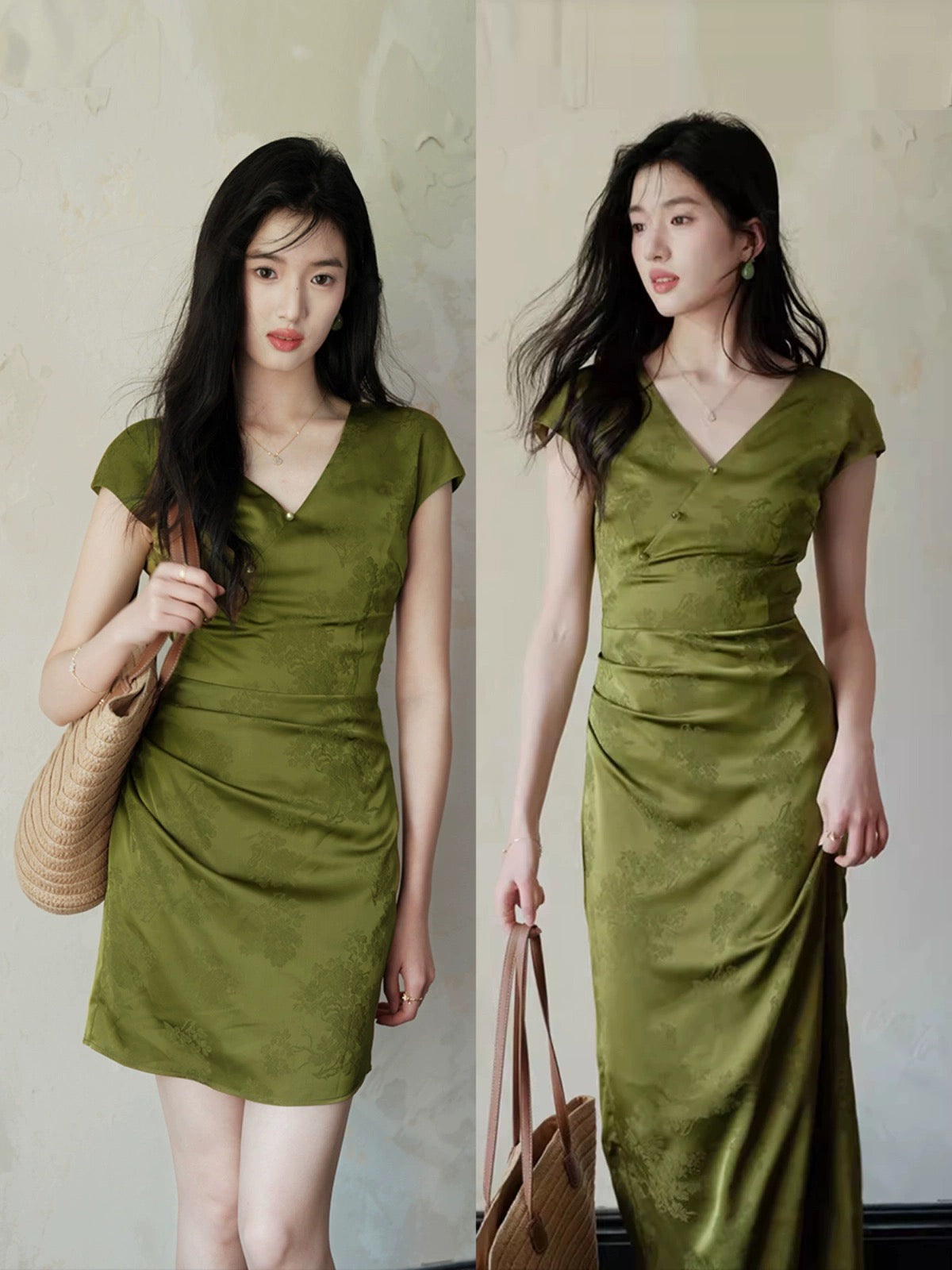 TYANG [Tu Shanqing] Chinese style new Chinese style green white long beaded cheongsam dress for women summer