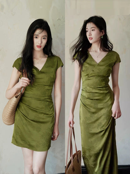 TYANG [Tu Shanqing] Chinese style new Chinese style green white long beaded cheongsam dress for women summer